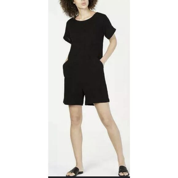 Eileen Fisher Organic Cotton Lofty Gauze Romper In Black. Size XL - Picture 1 of 8